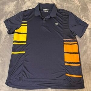 Lacoste Sport Mens Ultra Dry Polo Shirt Navy Blue Yellow Orange Stripe Size XL
